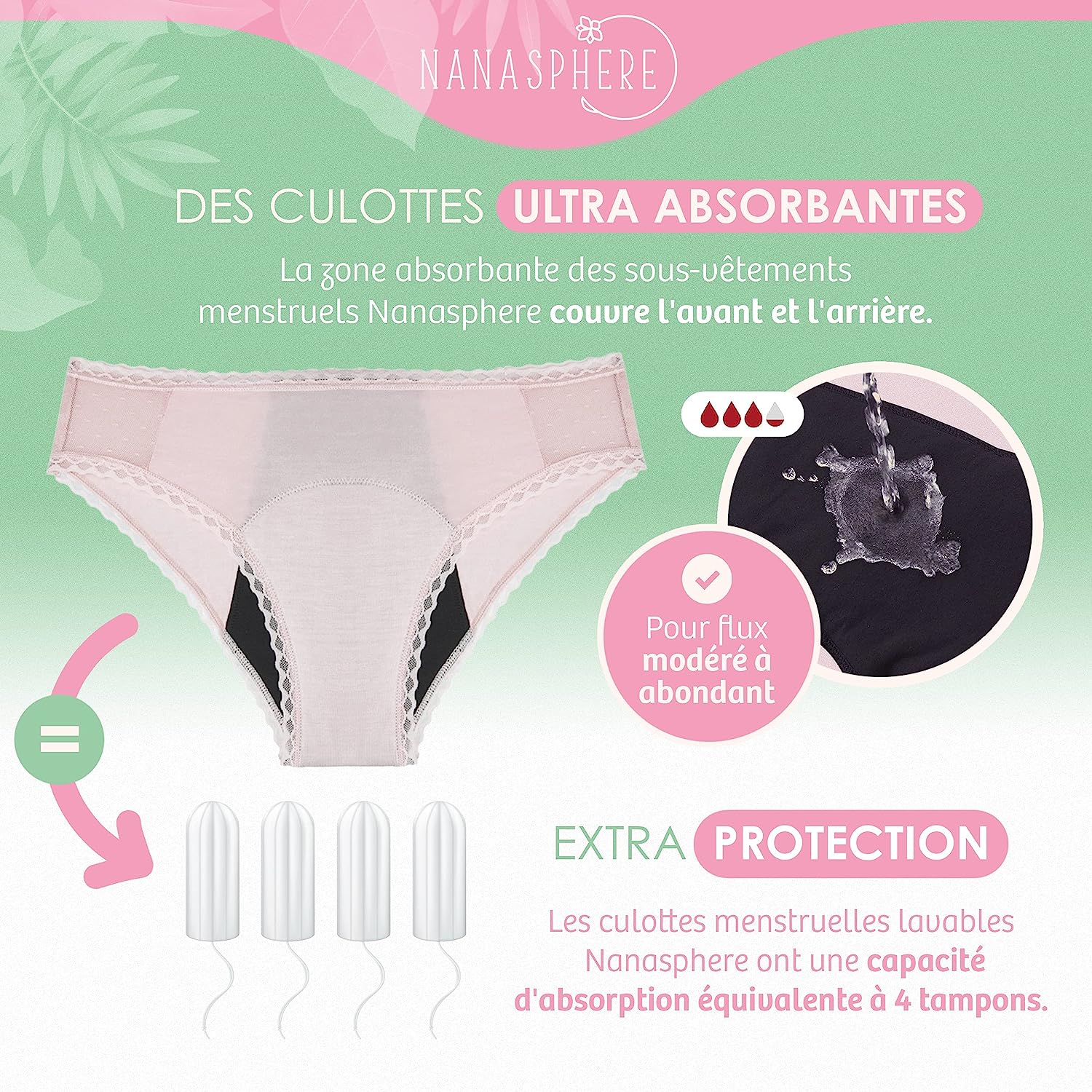 Modèle Plumetis 3 Culottes Menstruelles Flux Modéré à Abondant Coton Bio et Bambou Couleur Bleu Marine Vert Kaki Rose Pâle + Sac de Lavage