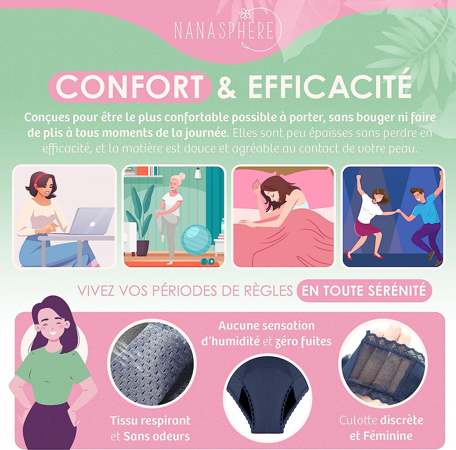 Modèle Plumetis 3 Culottes Menstruelles Flux Modéré à Abondant Coton Bio et Bambou Couleur Bleu Marine Vert Kaki Rose Pâle + Sac de Lavage