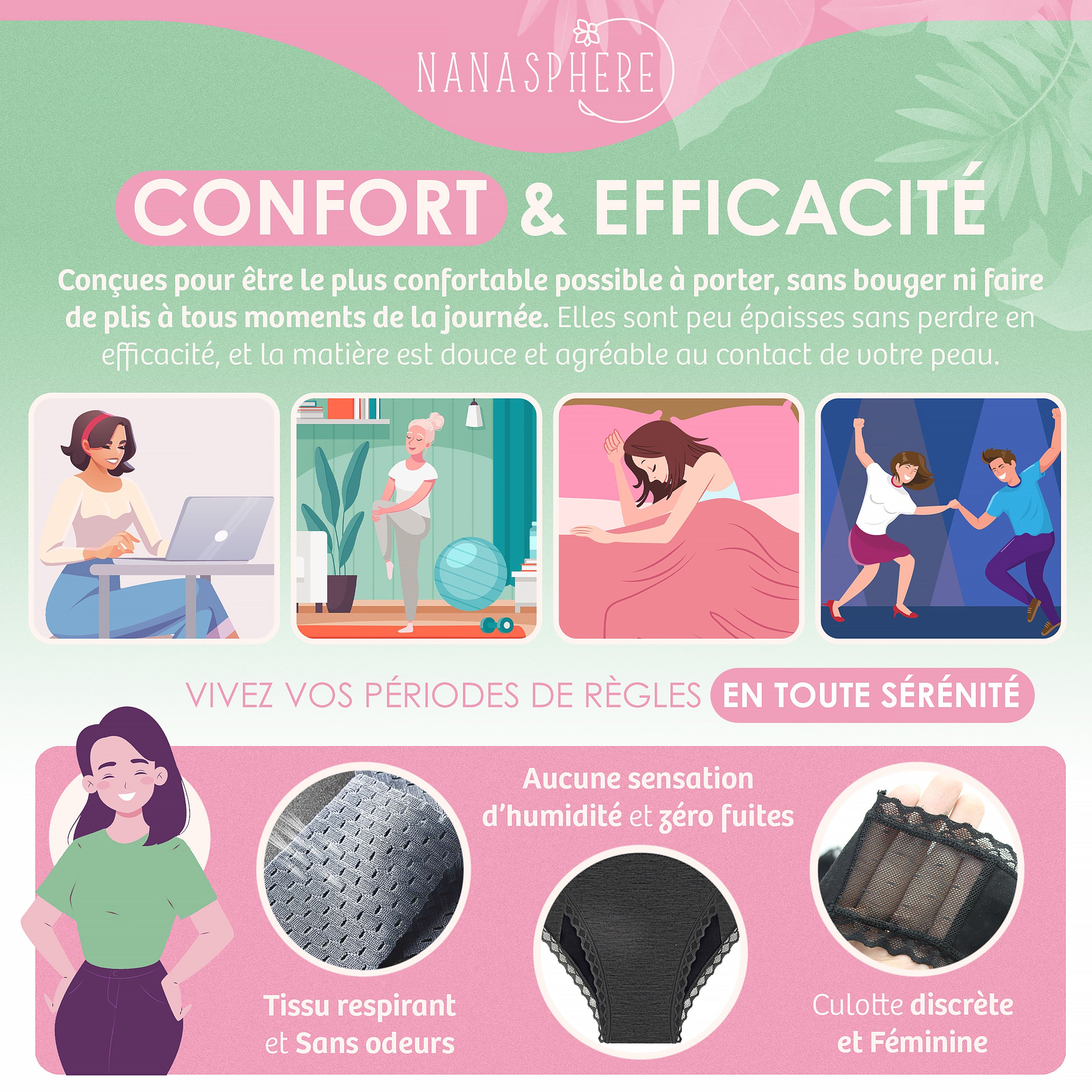 Modèle Plumetis 3 Culottes Menstruelles Flux Modéré à Abondant Coton Bio et Bambou Couleur Bordeaux Gris Beige + Sac de lavage