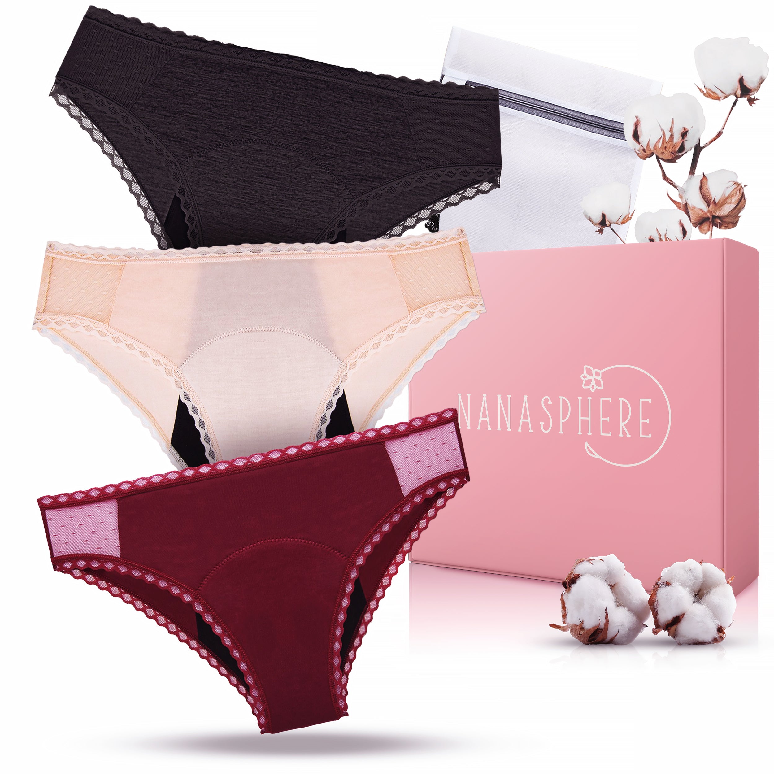 Modèle Plumetis 3 Culottes Menstruelles Flux Modéré à Abondant Coton Bio et Bambou Couleur Bordeaux Gris Beige + Sac de lavage