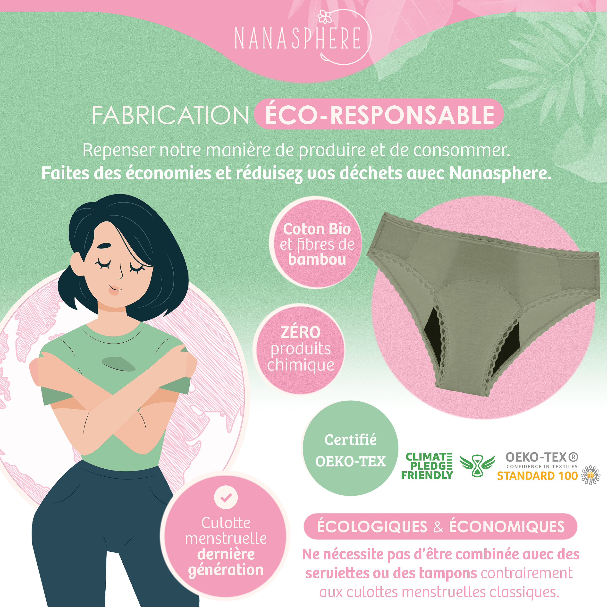 Modèle Plumetis 3 Culottes Menstruelles Flux Modéré à Abondant Coton Bio et Bambou Couleur Bleu Marine Vert Kaki Rose Pâle + Sac de Lavage