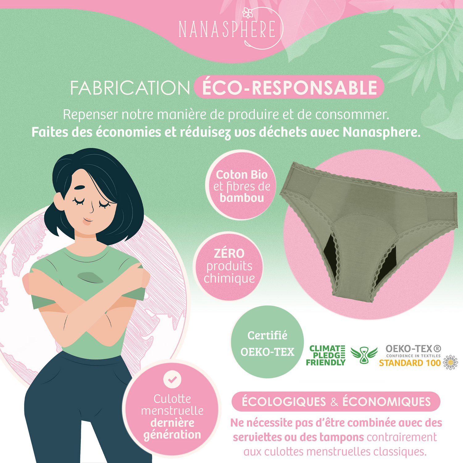 Lot de 3 Culottes Menstruelles Flux Modéré à Abondant Coton Bio et Bambou Modèle Plumetis Couleur Bleu Marine Vert Kaki Rose Pâle + Sac de Lavage