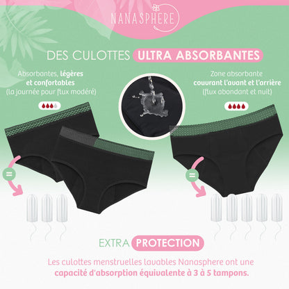Lot de 3 Culottes Menstruelles 3 Dentelles Coton Bio Modèle Anemone + Sac de Lavage
