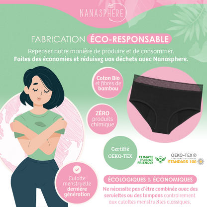 Lot de 3 Culottes Menstruelles 3 Dentelles Coton Bio Modèle Anemone + Sac de Lavage