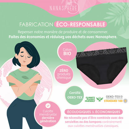 Lot de 3 Culottes Menstruelles Flux Abondant Coton Bio Modèle Lila Dentelle | Couleur Noir + Sac de Lavage